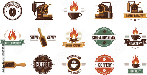 Coffee Roastery Badge Collection Featuring Vintage Roasting Machine, Fire Roast Elements, Beans and Artisan Cafe Emblems Retro Vector Illustration Set