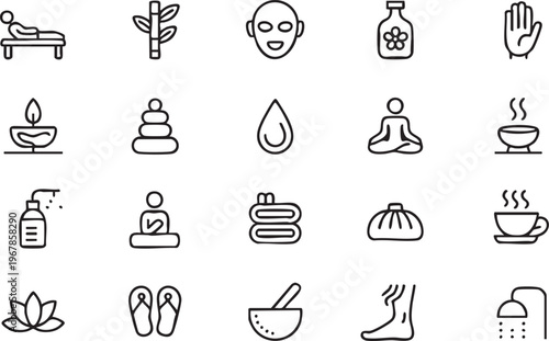 Spa and wellness icon set with massage meditation and relaxation symbols for beauty and health design