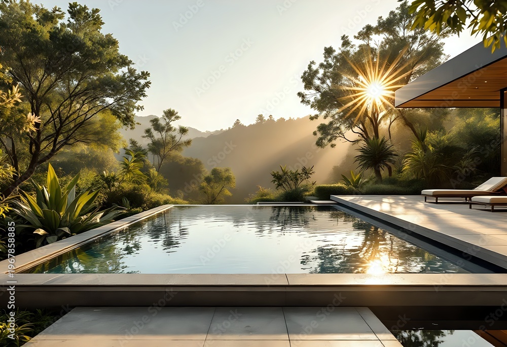 Fototapeta premium Infinity Edge Pool Deck, Unfilled Roman Travertine Masonry, Raw Lime Wash Plaste
