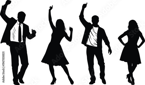 Dancing people silhouettes collection, men and women party poses, celebration and music concept, dynamic movement figures isolated, black shapes for entertainment design use