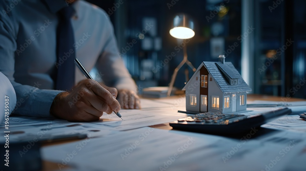 Obraz premium Signing real estate documents with model house