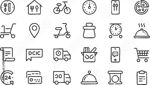 Takeaway and delivery icon set for online ordering, courier and food service systems