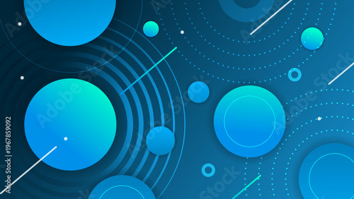 Deep blue and teal tech background with circular data orbits and glowing particles for big data and cosmic visualization