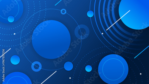 Professional blue gradient background with various sized circular elements and technological line art