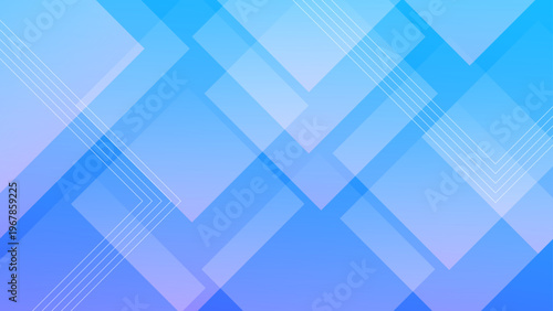 Dynamic composition of semi-transparent blue squares and diagonal lines creating a sense of depth