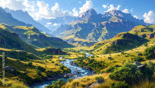 A serene valley with a river flowing through, surrounded by mountains