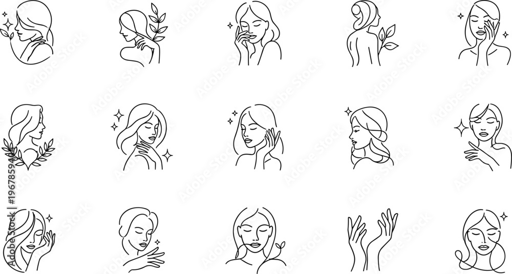 Fototapeta premium Beauty and Skincare Line Icon Set Featuring Female Faces, Self Care Routine, Facial Treatment and Wellness Outline Illustration Vector Collection