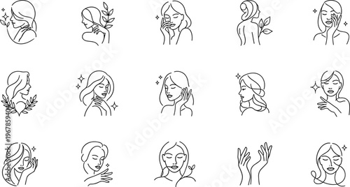 Beauty and Skincare Line Icon Set Featuring Female Faces, Self Care Routine, Facial Treatment and Wellness Outline Illustration Vector Collection