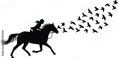 Silhouette of woman riding horse with flying birds flock, freedom and motion concept, equestrian scene, dynamic nature composition isolated on white background