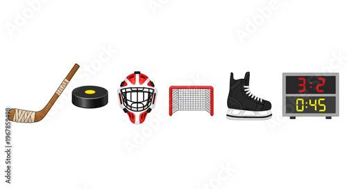 A vibrant assortment of essential ice hockey game elements stick, puck, goalie mask, net, skate, and scoreboard in a clear, illustrative style