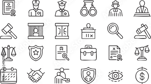 Justice and law vector icons for legal services, compliance and courtroom concepts