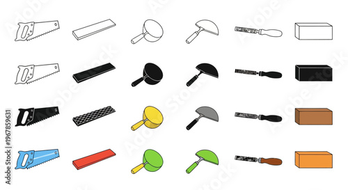 Essential Building and Renovation Hand Tools Vector Collection for Construction and DIY Projects, Featuring Saws, Trowels, and Masonry Elements