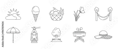 Summer picnic and outdoor leisure thin line icon set. Editable stroke. Vector illustration.