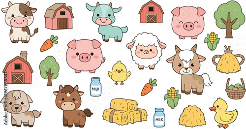 Cute farm animals and agriculture elements vector illustration set, cartoon cow pig sheep barn crops collection isolated on white background