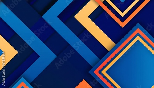 A vibrant abstract geometric pattern featuring blue, orange, and yellow shapes