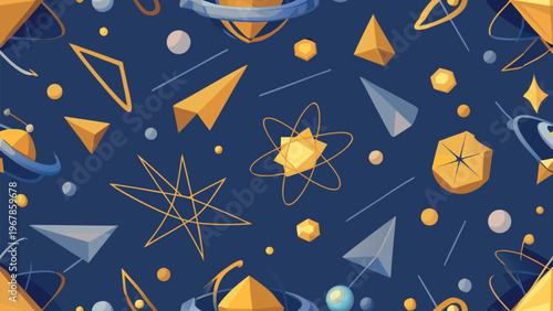 Abstract pattern of various geometric shapes and celestial elements on a dark blue background, forming an intriguing design.