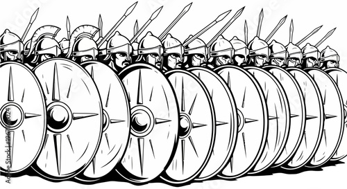 Ancient Greek Hoplite Soldiers Formation with Shields and Spears