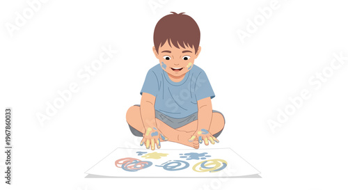 Little girl exploring finger painting techniques carefully on paper
