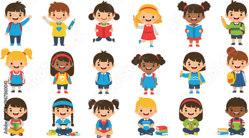 Cute diverse school children character set with books backpacks reading and learning activities cartoon vector illustration