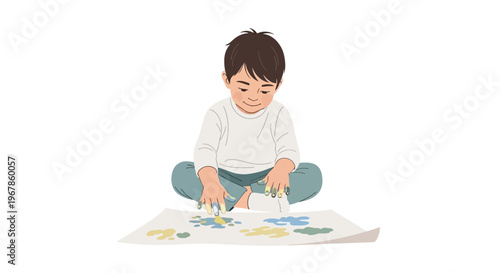 Young artist enjoying messy finger painting on clean white background
