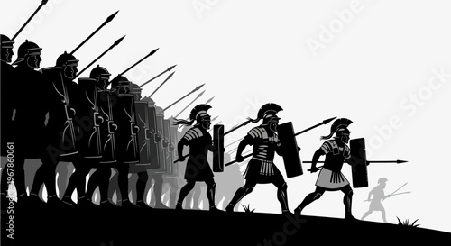 Ancient Greek Hoplite Soldiers Marching in Formation with Spears and Shields