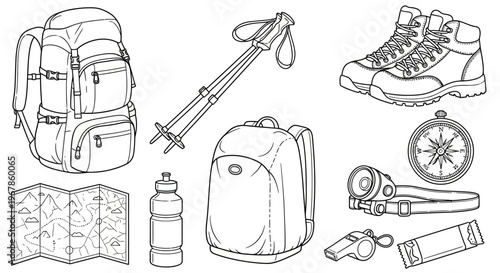 Outdoor Adventure Essentials Comprehensive Vector Outline Collection of Hiking and Camping Gear