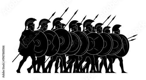 Ancient Greek Hoplite Soldiers Marching in Formation with Shields and Spears