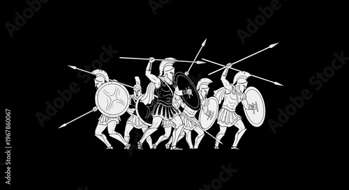 Ancient Greek Hoplite Warriors Formation, Spears and Shields, Black Background
