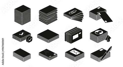 Isometric Vector Icons Set for Office Administration, Printing, Document Management, and Mail Services in Monochrome Style