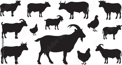 Black silhouettes of goats and farm animals on white