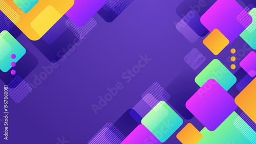 Vibrant purple background featuring floating 3D squares with smooth color gradients and diagonal line patterns