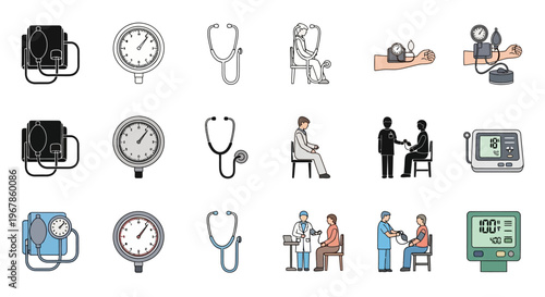 Medical Check-up and Blood Pressure Monitoring Vector Icon Set. Healthcare diagnostics illustrations for patient examinations and health measurement tools