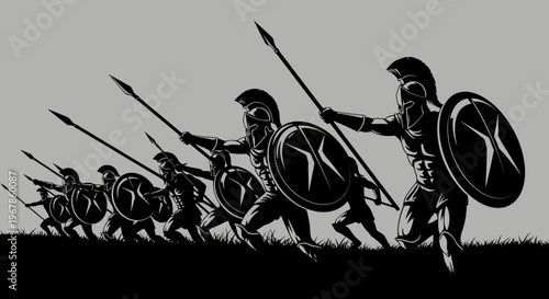Ancient Greek Warriors Formation Marching with Shields and Spears