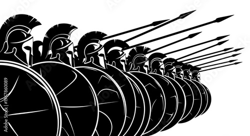Ancient Greek soldiers in formation with shields and spears, black and white illustration