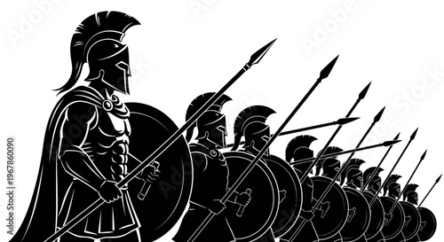 Ancient Greek Spartan warriors in formation, holding spears and shields, black and white illustration.