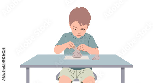 Child shaping small clay figurine carefully on white background
