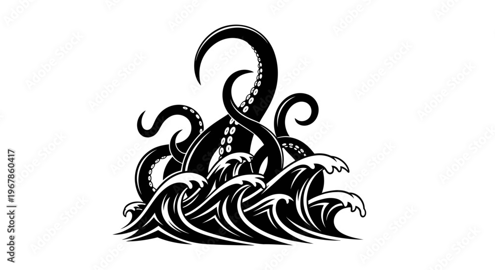 Naklejka premium Black Kraken Tentacles Emerging from Stylized Waves, Nautical Monster Illustration