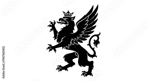 Black Griffin Creature Silhouette with Crown and Wings - Heraldic Symbol