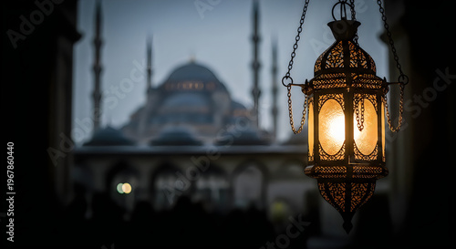 Illuminated islamic lantern with blurred mosque background at dusk