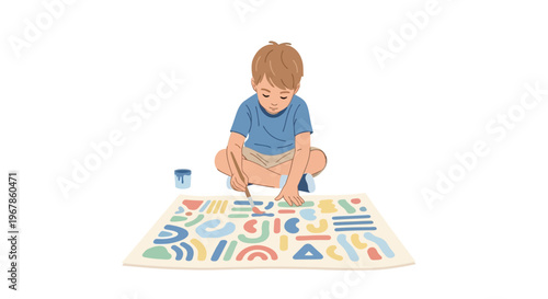 Child painting colorful shapes on large paper with brush and pastel tones
