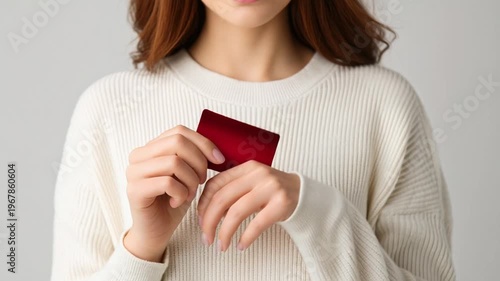 Woman holding red credit card closeup.