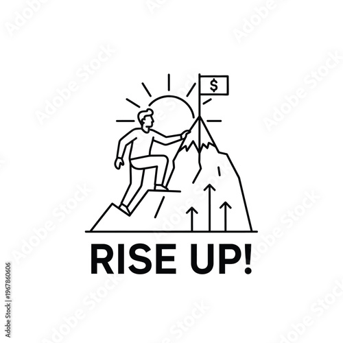 Man climbing mountain to reach flag with dollar sign.