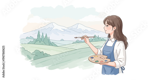 Young female painter focusing on blending watercolor colors carefully
