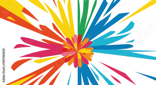 Colorful abstract explosion of petals and rays on white background