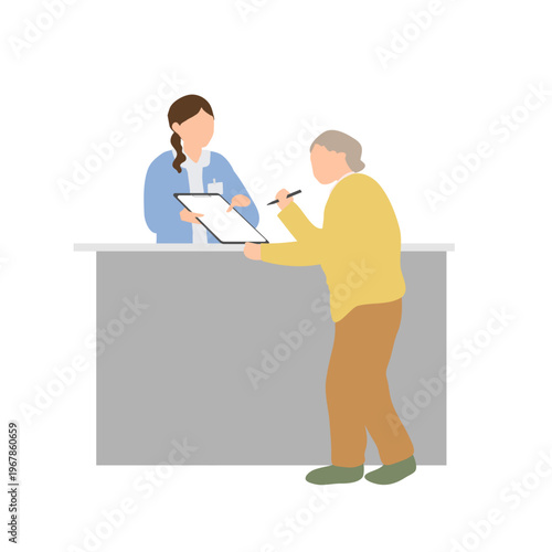 高齢者の問診票記入シーン　受付で書類を書く医療イラスト