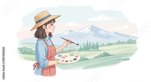 Female artist painting delicate watercolor art on paper with soft tones
