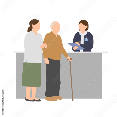 高齢者と家族の受付相談シーン　医療窓口での付き添い対応