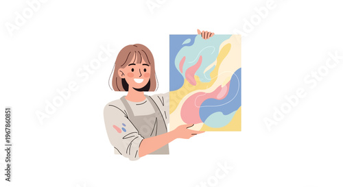 Young artist presenting detailed abstract art on clean white background
