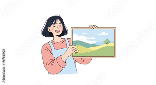 Female artist proudly holding finished painting on canvas with pastel colors
