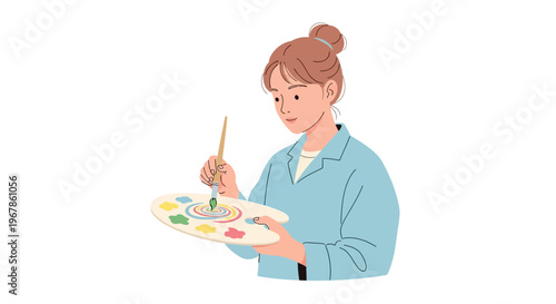 Female artist mixing vibrant paint colors on palette for artwork
